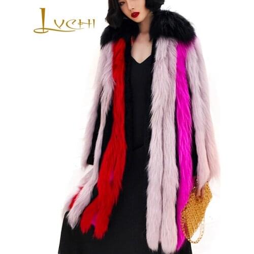 LVCHI 2019 Winter Real Fur Coats Natural Fox Fur Coat Womens Turn-Down Collar Patchwork Contrast Color Gradient Fox Fur Coats
