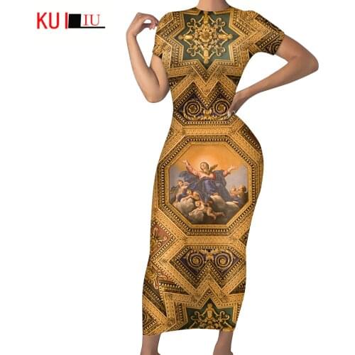 KUILIU European Pattern Womens Sexy Bodycon Pencil Dress Vintage Tribal Shorts Sleeve Summer Female Casual Long Slim Dress