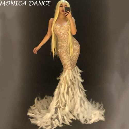 Women Sexy See Through Mesh Rhinestones Dress Evening Birthday Party Celebrate Feather Dress Singer Costume Long Net Yarn Dress