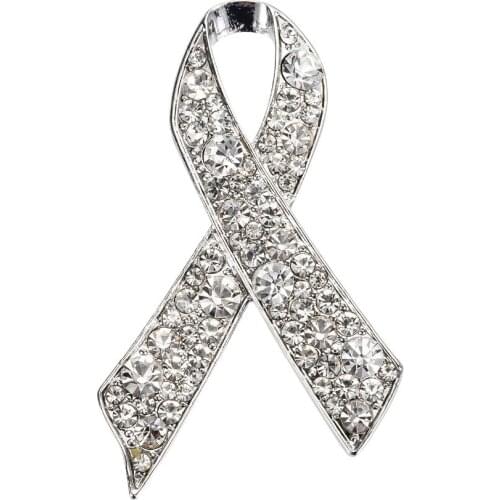 2.2 Inch Rhodium Silver Plated Clear CZ Crystal Diamante Ribbon Bow Brooch Breast Cancer Awareness Thailand Pins