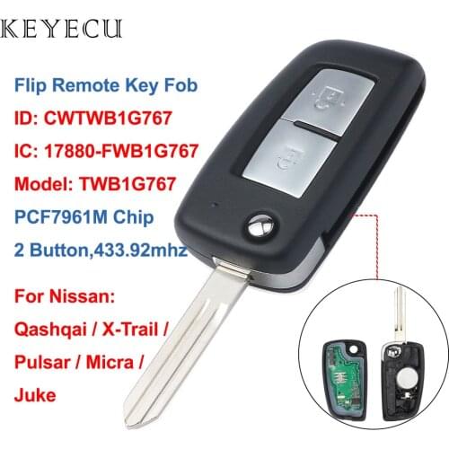 Keyecu 2 Buttons Flip Car Remote Key Fob 433.92MHz PCF7961M Chip for Nissan Qashqai,X-Trail,Pulsar,Micra,Juke, CWTWB1G767