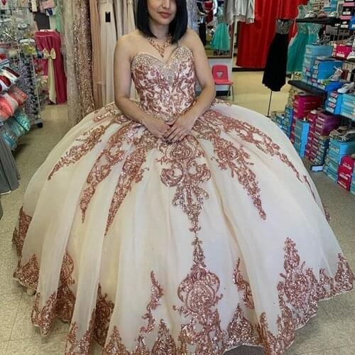 Sparkly Rose Pink Ball Gown Quinceanera Dresses Sweetheart Sequined Lace Applique Sweet 16 Dress Party Wear