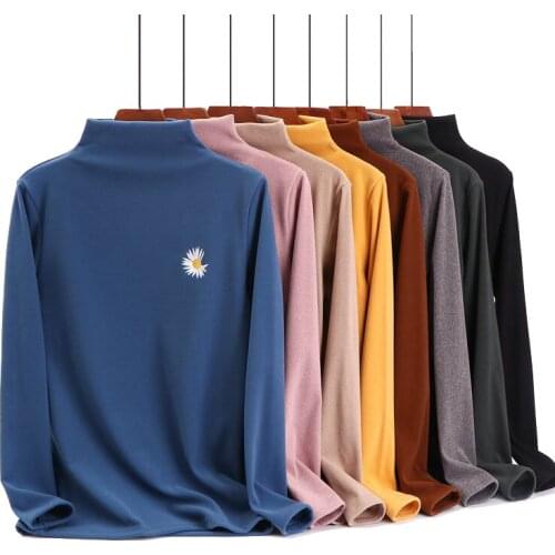 Korean Women Slim Shirt Turtleneck Elastic Tops Long Sleeve T Shirt Female Autumn Tops Tees Casual Embroidery Flower T shirts