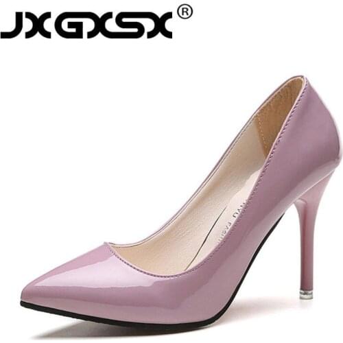 JXGXSX 2019 New Ladies Pointed Shallow Shoes Patent Leather High Heels Pink Sexy Prom Wedding Shoes Professional Work Stilettos