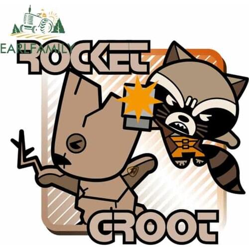 EARLFAMILY 13cm x 11.3cm For Rocket And Groot Cartoon Car Stickers Vinyl Material Decal Body For Car Air Conditioner DIY