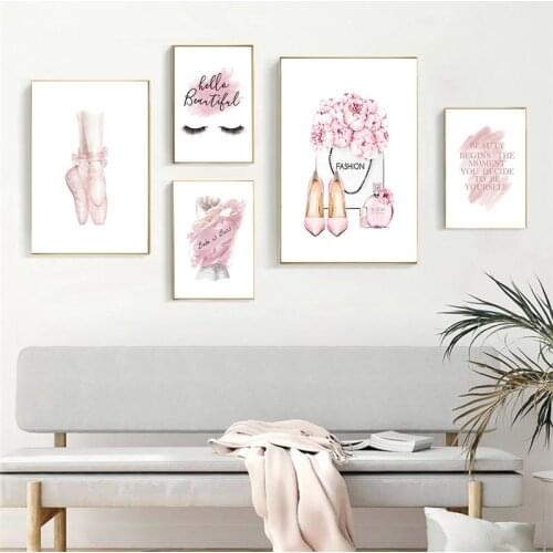 Fashion Perfume Makeup Art Poster And Print Pink Dress Sweet Flower Picture Wall Art Canvas Painting Modern Pictures Home Decor