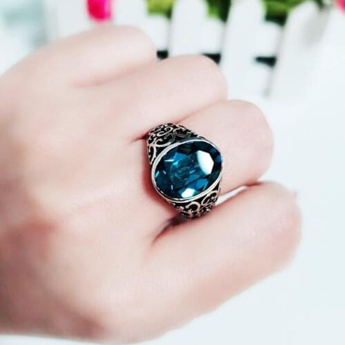 MOONROCY Rigant Ancient Silver Color Vintage Blue Crystal Rings for Women Party Jewelry Dropshipping Gift