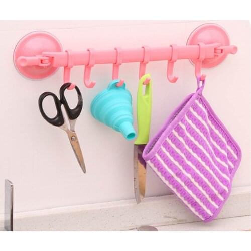 Wall Mounted Bathroom Kitchen Plastic Corner Shelf Suction Cup Shower Wall Shelf Plastic Bathroom Shelf Towel with 6 Hooks