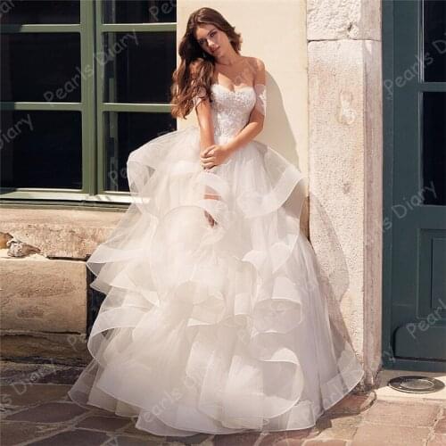 Charming Ruffles Tulle Weding Dress 2020 Sexy Sweetheart Off-the-shoulder Lace Up Applique Bridal Gowns Robe De Soiree Bride
