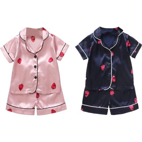 Baby Kids Boys Girls Strawberry Print Outfits Short Sleeve Blouse Tops+Shorts Sleepwear Pajamas Set