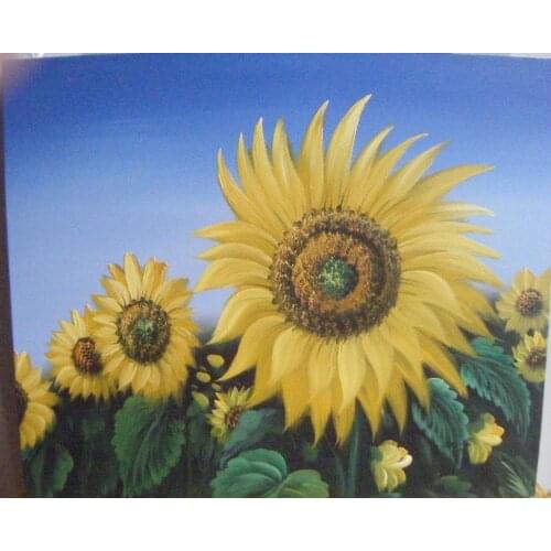 Old painters hand-painted original realistic art on canvas : Sunflowers blossom under a clear blue sky