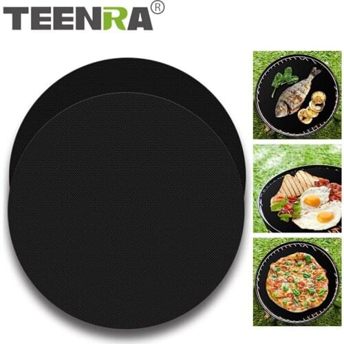 TEENRA 1PC Round Non-stick Coating Baking Mat Easy Clean Pan Pad BBQ Cooking Mat Fry Cooking Pad Kitchen Grill Mat Tools