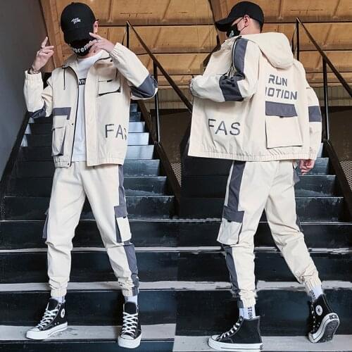 2020 Spring Autumn Workwear jacket mens Hooded Jacket+Pants 2PC Sets baseball loose Pullover coat & Long Pants Mens Clothing