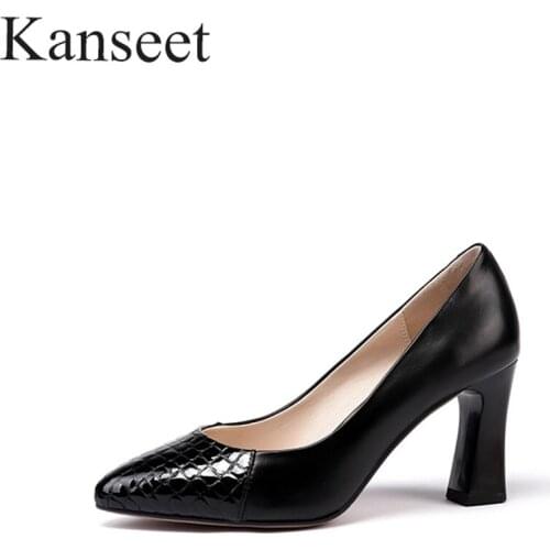 Kanseet Genuine Leather Women Pumps Mixed Colors 2021 Spring Autumn Pointed Toe Shallow Office Lady High Heel Shoes Mature Woman