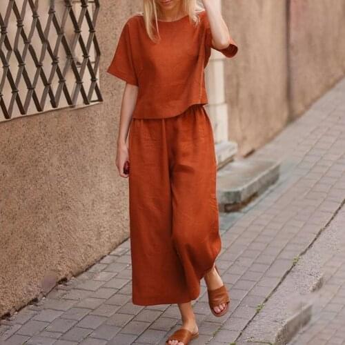 2pcs Ladies Suit Solid Color Casual Outfits Women Short Sleeve O-Neck Tops Wide Leg Cropped Pants Two Piece Set Women Tracksuits