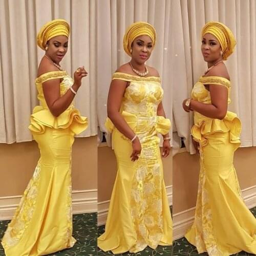 Yellow Prom Dresses Aso Ebi Mermaid Ruffles Appliques Off The Shoulder Boat Neck Floor Length Formal Evening Gowns
