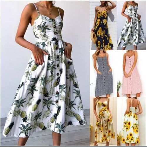 LadiesFashion and Leisure Retro Sun Dress Summer 2021 Boho Sexy Dress Midi Button Backless Polka Dot Striped Floral Beach Dress