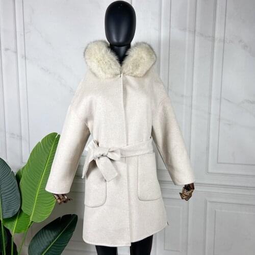 Winter Coat Women Wool Blend Jacket Natural Fox Fur Collar Female Fashion Slim Hooded Overcoat With Belt 2021 New Arrival