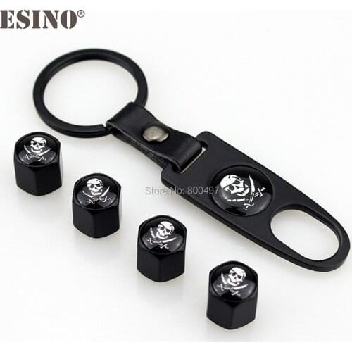 4 x Car Styling Stainless Steel Zinc Alloy Wheel Tire Valve Stems Caps Skull Universal Fit With Mini Wrench Key Chain
