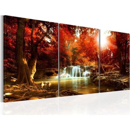 3 Piece Diamond Embroidery Full Round,Maple Waterfall Nature Landscape Diamond Painting Mosaic diamond stitch kit Triptych