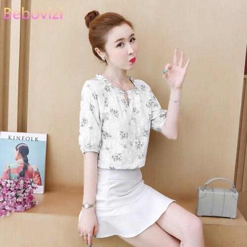 S-XXL 2021 New Fashion Asia Korea Green Floral Cotton V-neck Short Sleeve Blouse for Women Summer Casual Office Lady Top Clothes