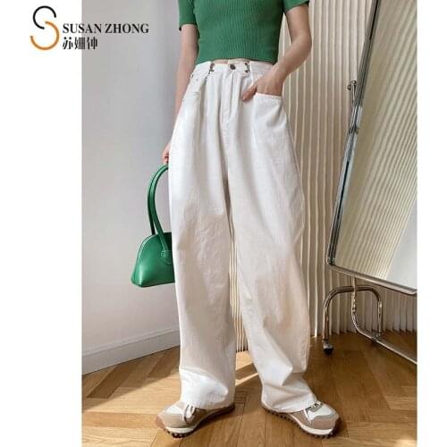 Women Jeans White Female Pants Denim 2021 Spring Summer Elegant Office Casual Loose Wide Leg High Waist Button Fly Pocket Cotton