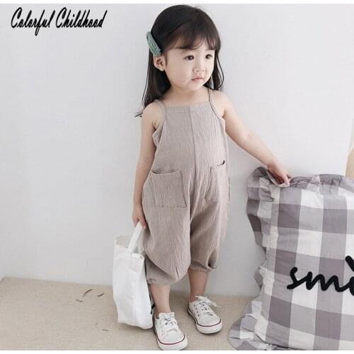 Vintage short overalls for baby boy/girls romper solid color Suspender infant kids soft Linen clothes summer toddler clothing