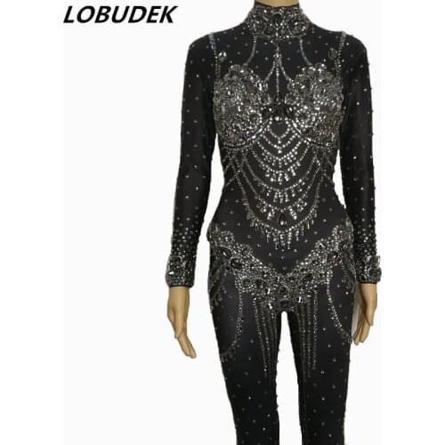 Gray Black Big Rhinestones Jumpsuit Sexy Skinny Glass Diamond Bodysuit Nightclub Women Singer DJ Costume Prom Party Stage Wears