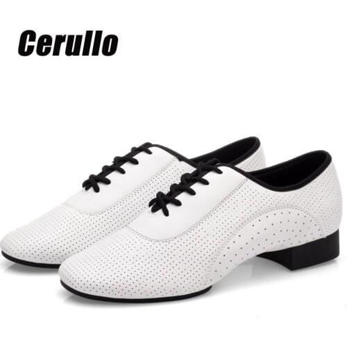Men Genuine Leather Latin Dancing Shoes Party Tango Modern Dance Shoes Breathable Two Points Dance Shoes White Wholesale A185
