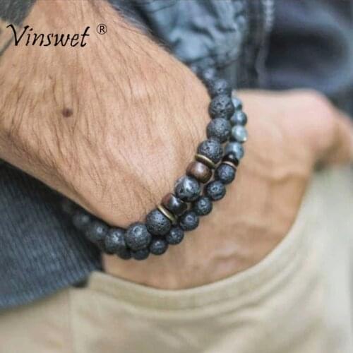 Men Bracelet Black Onyx Bracelet Natural Lapis Lazuli Labradorite Lava Stone Bracelets For Men Wooden Charm Accessories Jewelry