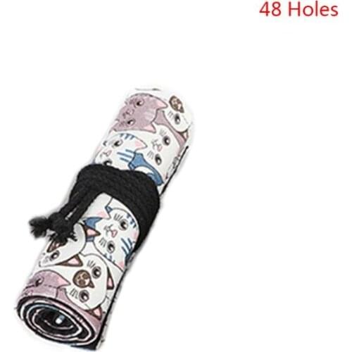 2021 New Cute Cat 12/24/36/48/72 Hole Canvas Roll Pen Curtain Pencil Bag Case Makeup Wrap