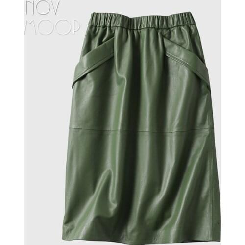 Novmoop New Zealand fashion style women black green high waist lambskin genuine leather skirt with double pocket decor LT3043