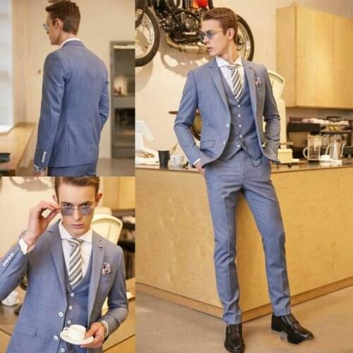 New Fashion Gray Mens Suit Wedding Tuxedo Formal Slim Fit Two Button Groom Prom Dinner Blazer Suits(Jacket+Vest+Pants)