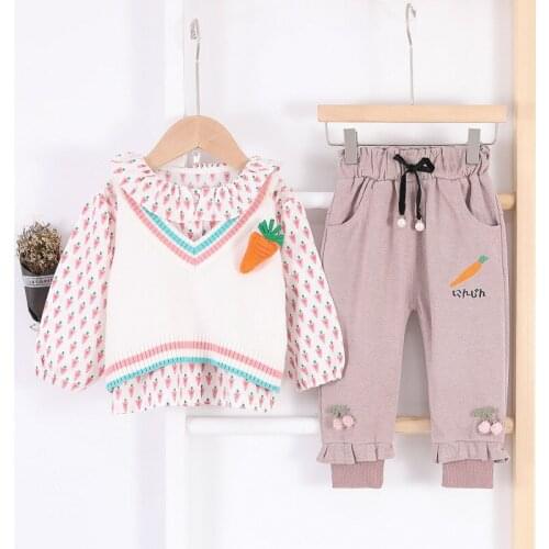 Girls autumn 2021 fashion sets polka dot lace shirt+carrot sweater vest embroidered trousers three-piece cute toddler clothing