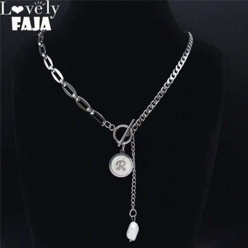 Hip Hop Pearl Shell Stainless Steel R Letter Charm Necklaces for Women Silver Color Tassel Necklaces Jewelry collar NR7000S03