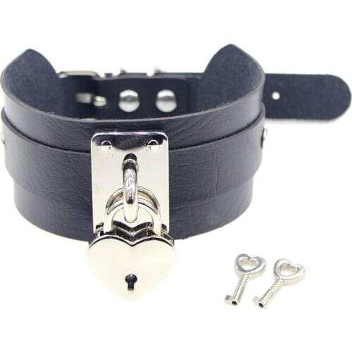 Punk Stainless Steel Sexy Heart Choker Lock Key Necklace Collar Goth Choker Necklace Women Gothic Padlock Lether Chocker Jewelry