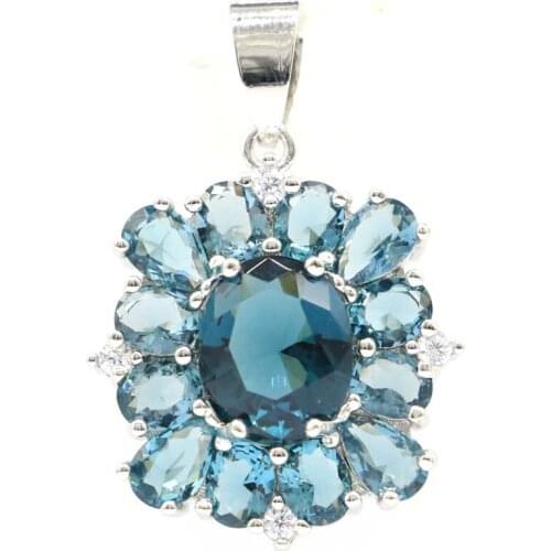32x22mm SheCrown Luxury Created London Blue Topaz Pink Kunzite For Women Silver Pendant