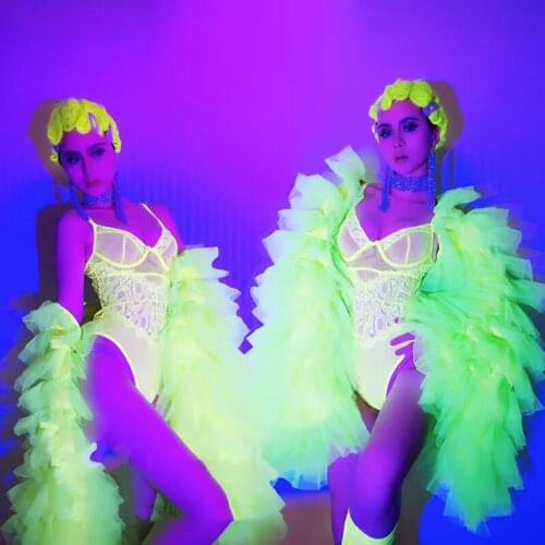 Sexy Bodysuit Nightclub Bar Singer Pole Dance Clothes Fluorescent Big Gauze Sleeve Lace See-Through One-Piece Stage Wear DN6635