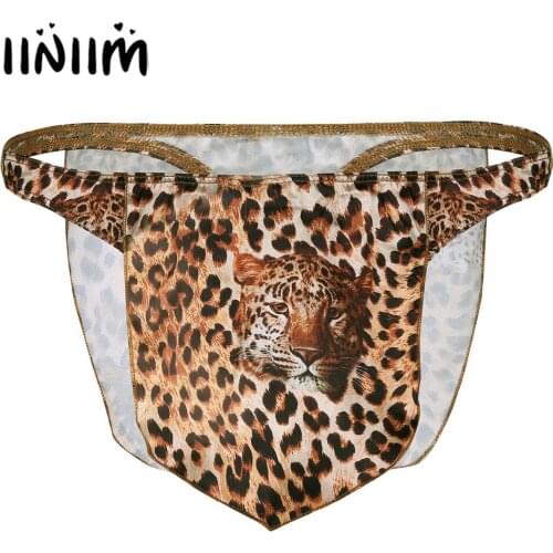 Iiniim Mens Leopard String Homme High Cut Bulge Pouch Loincloth G-string Thong Underwear Jungle Man Costumes Sexy Gay Panties