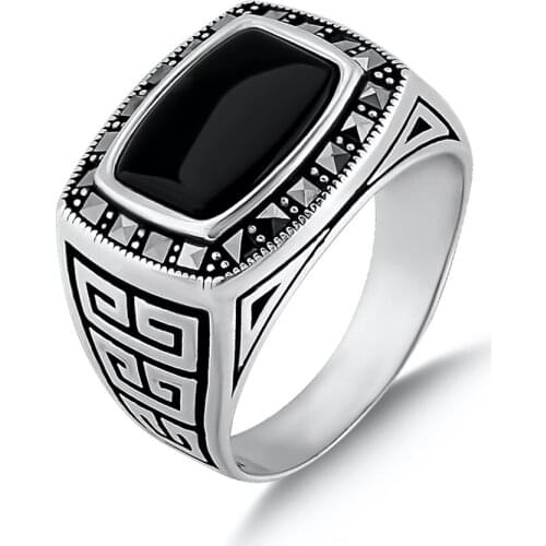 Vintage Ring with Rectangle Black Onyx Gemstone Solid 925 Sterling Silver Gifts For Him Made in Turkey