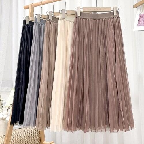 Women Long Tulle Pleated Skirt Spring Summer Elastic High Waist Skirts Womens 2021 Elegant Mesh Midi Skirt Clothes