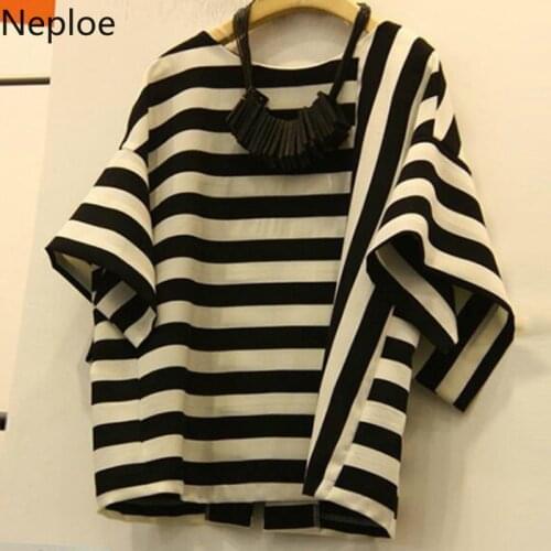 Neploe Striped T Shirt Women Summer 2021 New Arrival O-Neck Short Sleeve Tees Loose Fashion Cotton Ladies Tops 43877