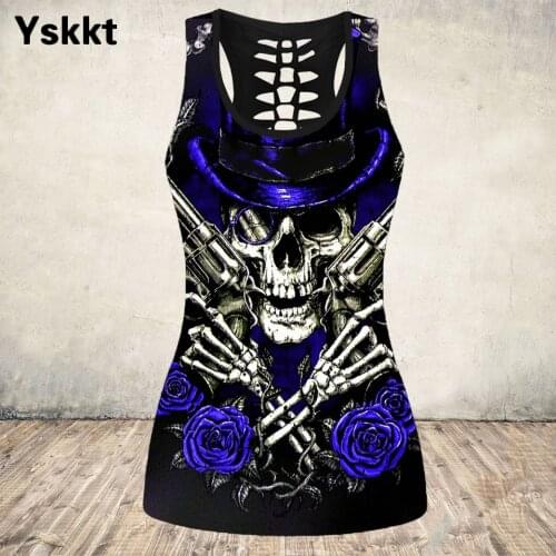 Gothic Skull Print Tank Top Women Halloween Cotton Sleeveless Tee Shirt Workout Black Vest Tops