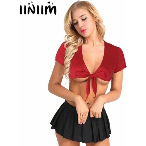 Womens Hot Schoolgirl Cosplay Costume Open Front Tie Up Bolero Crop Top with Pleated Mini Skirt Gleeing Sexy Party Clothing Set