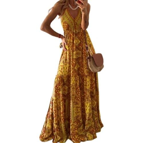 New Ladies Loose Dress Casual Vintage Ethnic Style Print Summer 2021 Party Wedding Women Deep V Neck Sexy Dress vetement femme