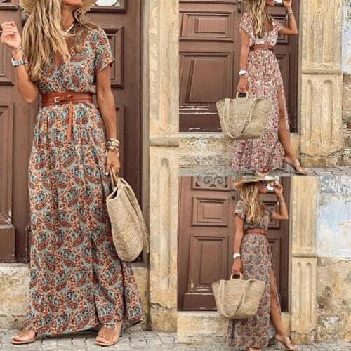 2021 New Fashion Ladies V-neck Floral Dress Vintage Print Short Sleeve Dress Outdoor Beach Casual Elegant Belted Dresses