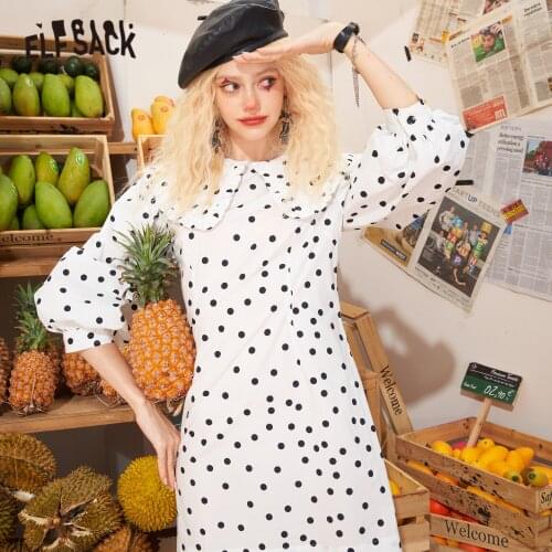 ELFSACK Polka Dot Print Casual PeterPan Vintage Dresses Women,2021 Summer Stylish Lantern Sleeve Korean Ladies Party Dress