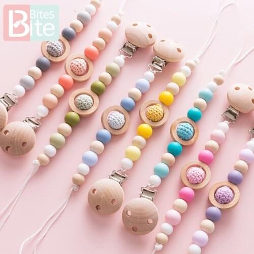 1pc Baby Teether Pacifier Clip Chain Wood Nipple Holder Beech Silicone Beads Soother Clasp Wooden Ring Toy ChildrenS Goods Gift