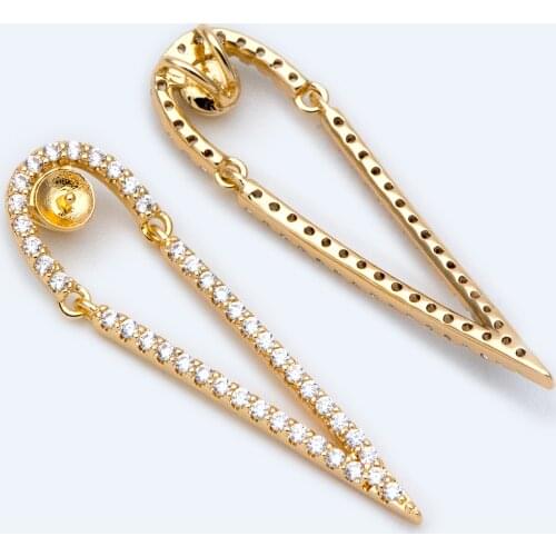 4pcs CZ Paved Gold Drop Charms, 34x10mm, DIY Pearl Peg Mounts, Half Drilled Pearl Settings (GB-1498)