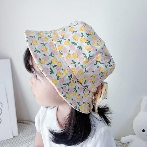 Kids Hats Girls 1-4 Years Print Floral Bow Panama Hat Children Baby Summer Accessories Sun-Proof Windproof Breathable Cute 2021